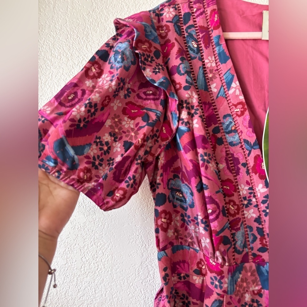 FARM Rio Floral Birds Blush Jumpsuit with Puff Sleeves Size: XL - Picture 4 of 16